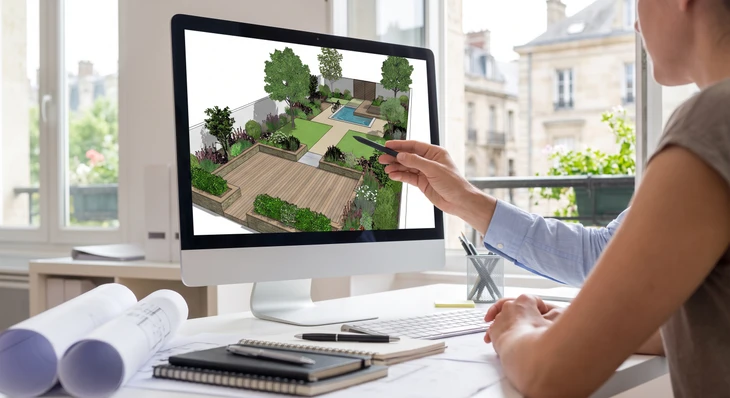 Une femme paysagiste professionnelle assise à son bureau, concentrée, annotant un plan d'aménagement de jardin coloré avec un stylo. Le plan montre des zones paysagées avec zones vertes, plantes, terrasse, piscine, et allées tracées en détail. L'écran de l'ordinateur portable à côté affiche une modélisation 3D d'un aménagement de jardin. Le bureau est bien éclairé avec des documents professionnels dispersés, des surligneurs, et une ambiance de travail de conception personnalisée. Cadrage montrant le plan, la prise de notes et partiellement l'écran 3D, illustrant le savoir-faire du bureau d'études.