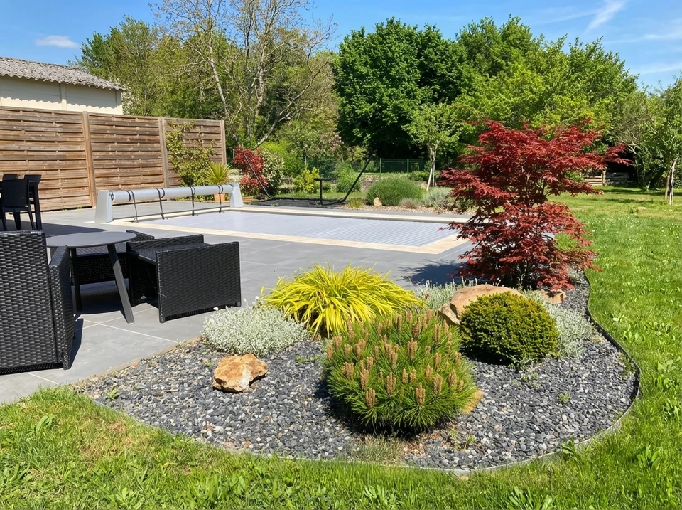 Jardin résidentiel paysagé avec pelouse verdoyante parfaitement entretenue, parterres de fleurs colorées incluant azalées roses, hostas et vivaces